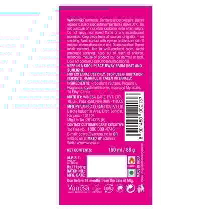 Vanesa Whisper Deo Mist, 0% Alcohol | Skin Friendly | 24 hours Lasting Protection | 150 ml | For Women
