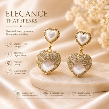 Elegantra Celebrity Style Double Heart Drop Earrings | 18K Gold Plated Waterproof Stainless Steel Romantic Hanging Tops | Perfect Valentine Birthday Gift for Women & Girls