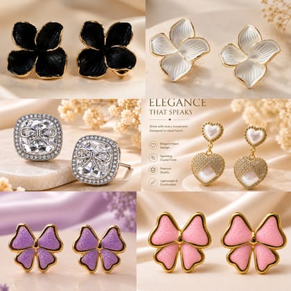 Elegantra 18K Gold Plated Luxury 6 Pairs Combo Earring Set for Women & Girls | Anti-Tarnish Waterproof Stainless Steel Minimalist Flower Studs, Crystal Heart Drops & Cute Bow Tops | Trendy Kpop Western Jewelry Collection | Limited Time Offer