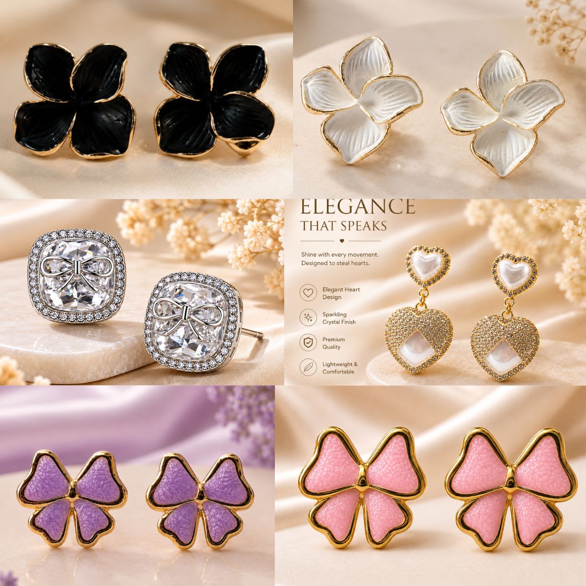 Elegantra 18K Gold Plated Luxury 6 Pairs Combo Earring Set for Women & Girls | Anti-Tarnish Waterproof Stainless Steel Minimalist Flower Studs, Crystal Heart Drops & Cute Bow Tops | Trendy Kpop Western Jewelry Collection | Limited Time Offer