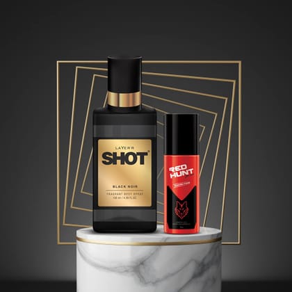 Layer'r Shot Black Noir Body Spray 130ml & Red Hunt Shaving Foam 50ml for Men (Pack of 2)