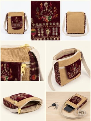 Handmade Beige Jute Sling Bag with Maroon Velvet Embroidery