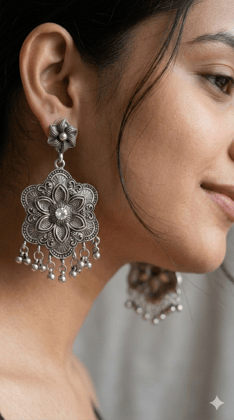 Ethnic Oxidized Silver Floral Statement Earrings with Ghungroo Drops