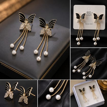 Elegantra 2-in-1 Convertible Kpop Butterfly Danglers for Women & Girls | Detachable Pearl Chain Drop Earrings | Celebrity Style Stud Earrins