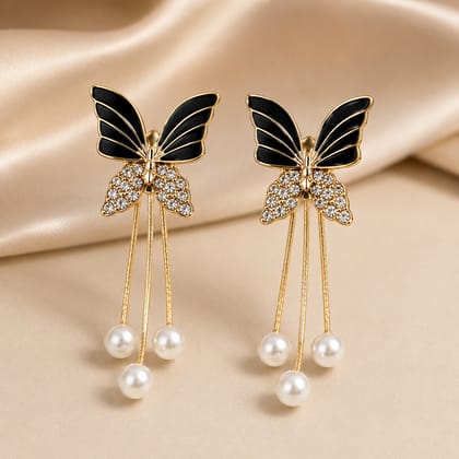 Elegantra 2-in-1 Convertible Kpop Butterfly Danglers for Women & Girls | Detachable Pearl Chain Drop Earrings | Celebrity Style Stud Earrins