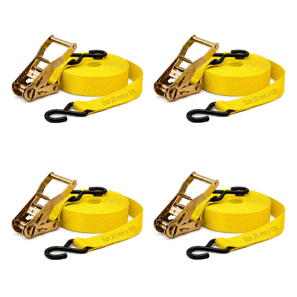 Trion Products Polyester Cargo Lashing belt with S Hook - Pack of 4 | Heavy Duty Cargo ratchet straps, Ratchet Straps for Motorcycle, Bike, Trailer, Truck & Cargo Securing | 1 Inch x 10 ft