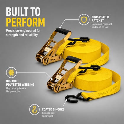 Trion Products Ratchet Tie Down Straps 1 Inch x 15 Feet with S Hooks | Heavy Duty Cargo Lashing Belts for Pick-up Trucks, LCVs, Motorcycles & Cargo Securing | 25MM Ratchet Straps (Pack4)