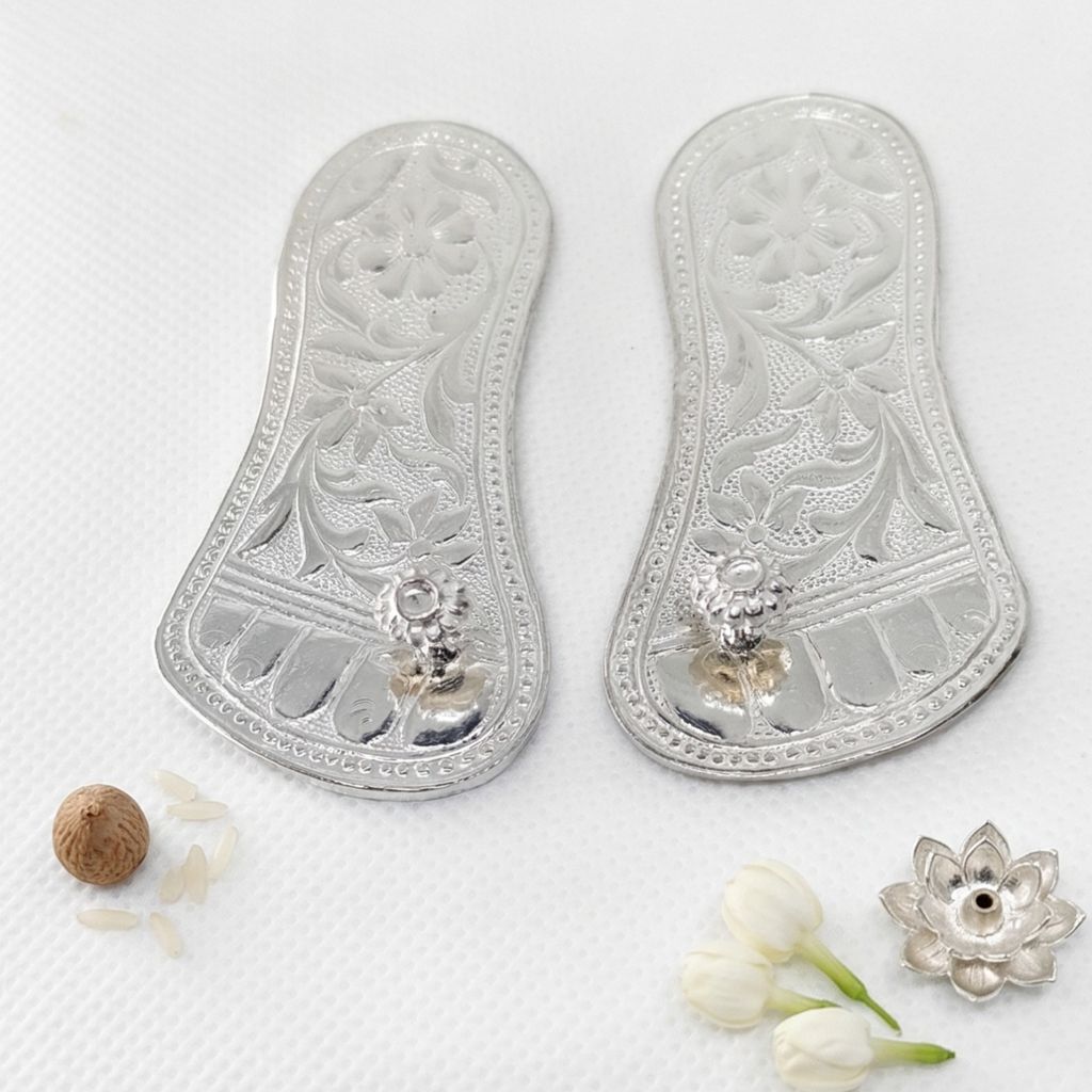 Pure Silver Lakshmi Charan Paduka (Pair) | Engraved Floral Design Pooja Feet | Auspicious Wealth & Prosperity Symbol for Home Temple & Diwali