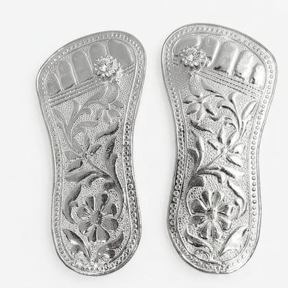 Pure Silver Lakshmi Charan Paduka (Pair) | Engraved Floral Design Pooja Feet | Auspicious Wealth & Prosperity Symbol for Home Temple & Diwali