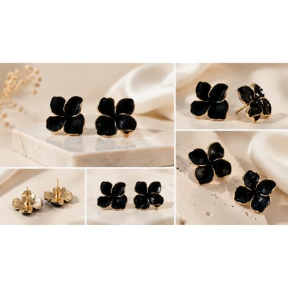 Elegantra Kpop Celebrity Style Anti-Tarnish Matte Black 3D Flower Stud Earrings for Women & Girls | 18K Gold Plated Waterproof Stainless Steel Floral Tops | Anti-Tarnish Premium Korean Western Jewelry