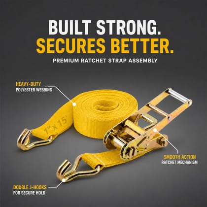 Trion Products Ratchet Tie Down Straps 1 Inch x 15 Feet with J Hooks | Heavy Duty Cargo Lashing Belts for Pick-up Trucks, LCVs, Motorcycles & Cargo Securing | 25MM Ratchet Straps (Pack2)