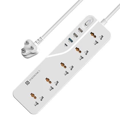 Portronics Power Plate 22 Extension Board with 20W Type-C PD Charging, 5 Universal Sockets, 3 USB Ports, 3 Meter Long Cord, 2500 Watts, Multi Plug for Home