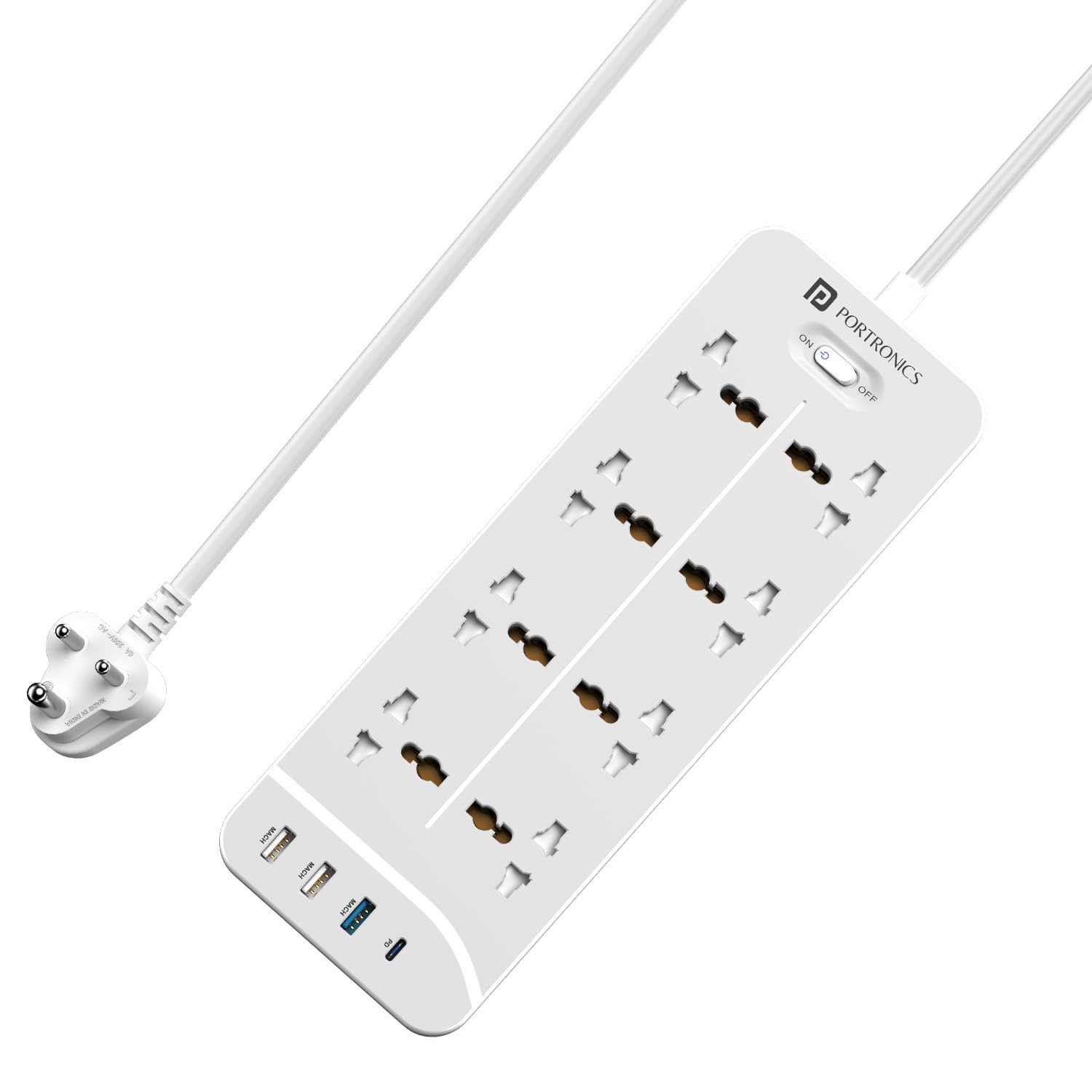 Portronics Power Plate 23 Extension Board with 20W Type-C PD Charging, 8 Universal Sockets, 3 USB Ports, 3 Meter Long Cord, 2500 Watts, Multi Plug for Home