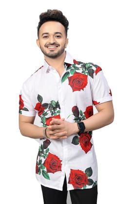 "Red Rose Bloom on White Half Sleeve Shirt by Glamastitch"-S