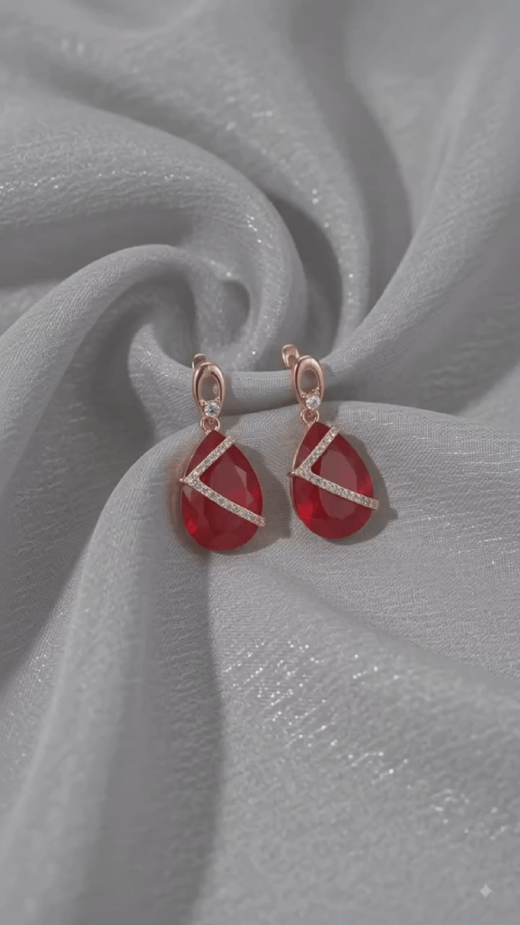 Elegant Rose Gold-Plated Crimson Red Teardrop Earrings 