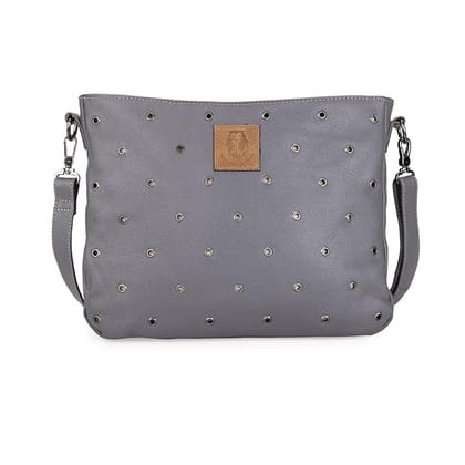 Women's Grey Textured Leather Crossbody Bag with Eyelet Details Women's Grey Textured Leather Crossbody Bag with Eyelet Details