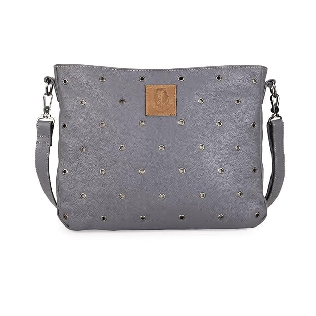 Women's Grey Textured Leather Crossbody Bag with Eyelet Details
