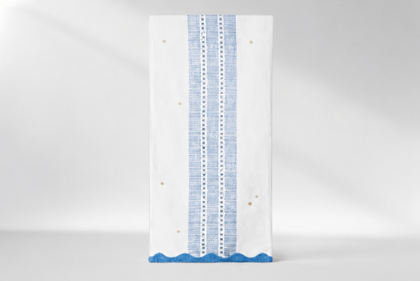 White Table Runner with Blue and Gold Accents