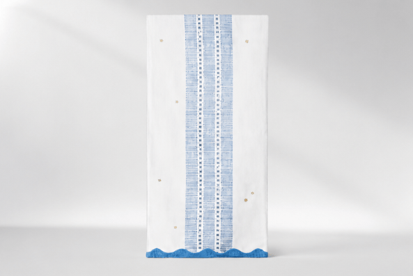 White Table Runner with Blue and Gold Accents