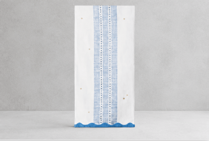 White Table Runner with Blue and Gold Accents
