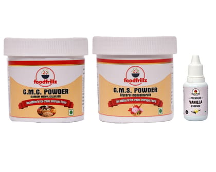 foodfrillz CMC Powder(40 g), GMS Powder(40 g) & Bakefrillz Vanilla Essence(20 ml) for cake ice cream pudding Pack of 3