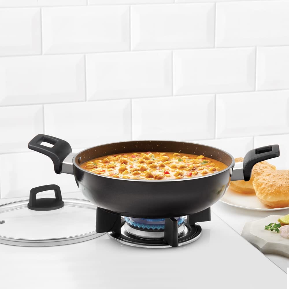 Borosil Granito Non-Stick Kadhai with Glass Lid, Induction Friendly, Granite Finish, PFOA-Free, 26 cm Diameter - Cookware | Buy online on ZillyBuy