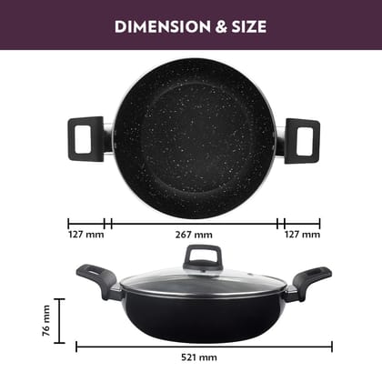 Borosil Granito Non-Stick Kadhai with Glass Lid, Induction Friendly, Granite Finish, PFOA-Free, 26 cm Diameter