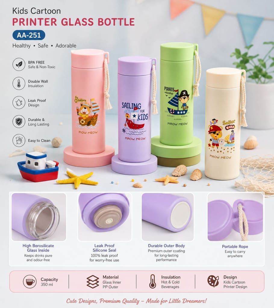 AA-251 Cartoon Printed Glass Water Bottle for Kids | Leak-Proof Glass Drinking Bottle with Protective Cover | Reusable School, Travel & Daily Use Water Bottle (Random Design & Color)