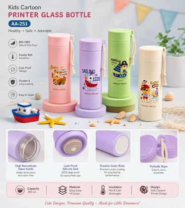AA-251 Cartoon Printed Glass Water Bottle for Kids | Leak-Proof Glass Drinking Bottle with Protective Cover | Reusable School, Travel & Daily Use Water Bottle (Random Design & Color)