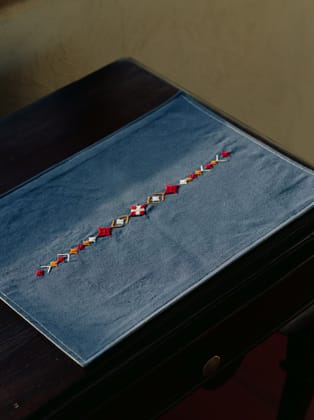 Handmade Indigo Blue Cotton Placemats with Geometric Embroidery (Set of 4)