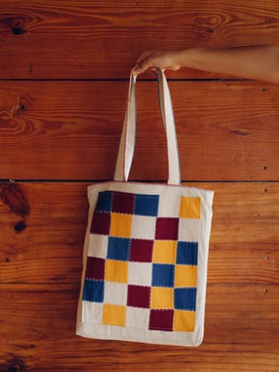 Handmade Cotton Checkered Patchwork Tote Bag with Straps