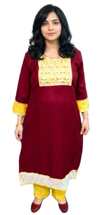 Women's Cotton Solid Colour Straight Kurta and Palazzo Pant Set | Size: XL | Colour of Kurta: Maroon | Colour of Palazzo Pant: Yellow |
