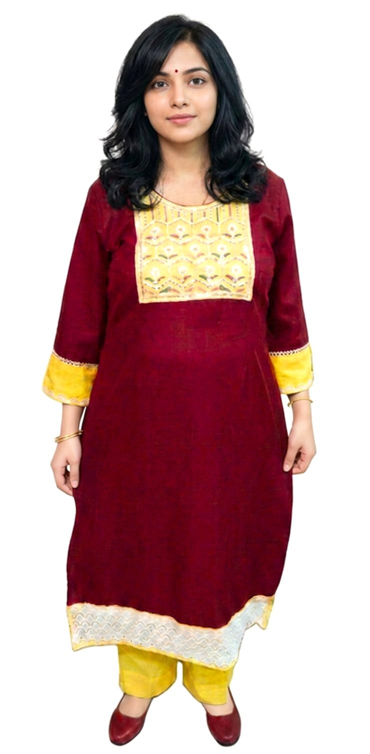 Women's Cotton Solid Colour Straight Kurta and Palazzo Pant Set | Size: XL | Colour of Kurta: Maroon | Colour of Palazzo Pant: Yellow |
