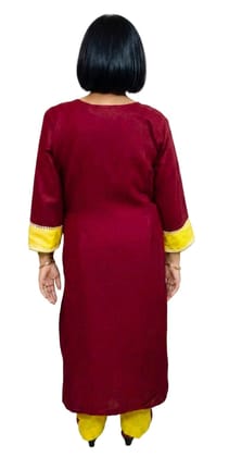 Women's Cotton Solid Colour Straight Kurta and Palazzo Pant Set | Size: XL | Colour of Kurta: Maroon | Colour of Palazzo Pant: Yellow |