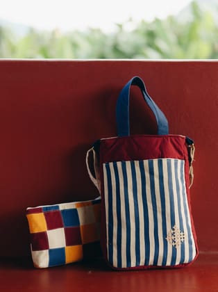Fabric Crossbody Bag with Blue and White Stripes and Hand Embroidery Laptop Sleeve