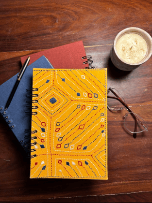 Hand-embroidered Mustard Wire-Bound Notebook with Kutch Work Design
