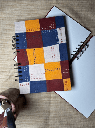 Handmade Multi-Color Patchwork Fabric Spiral Notebook - A5 Size, Plain Pages