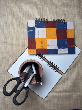 Handmade Multi-Color Patchwork Fabric Spiral Notebook - A5 Size, Plain Pages