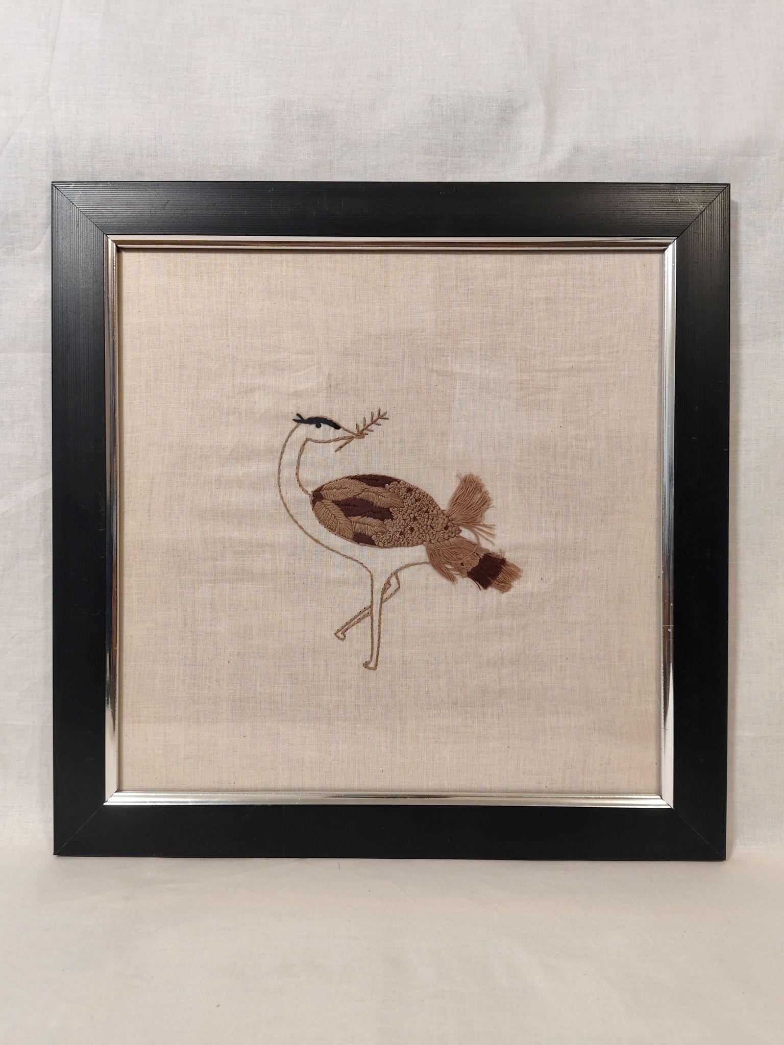 Hand-Embroidered Crane Bird Wall Art with Dual-Tone Black and Silver Frame