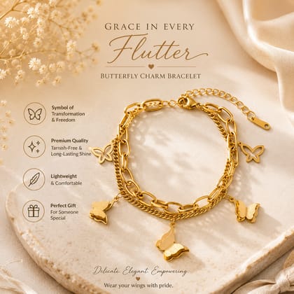 Elegantra 18K Gold Plated Double Layered Butterfly Charm Bracelet for Women & Girls | Anti-Tarnish Trendy Korean Minimalist Aesthetic Daily Wear Wrist Jewelry