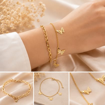 Elegantra 18K Gold Plated Double Layered Butterfly Charm Bracelet for Women & Girls | Anti-Tarnish Trendy Korean Minimalist Aesthetic Daily Wear Wrist Jewelry