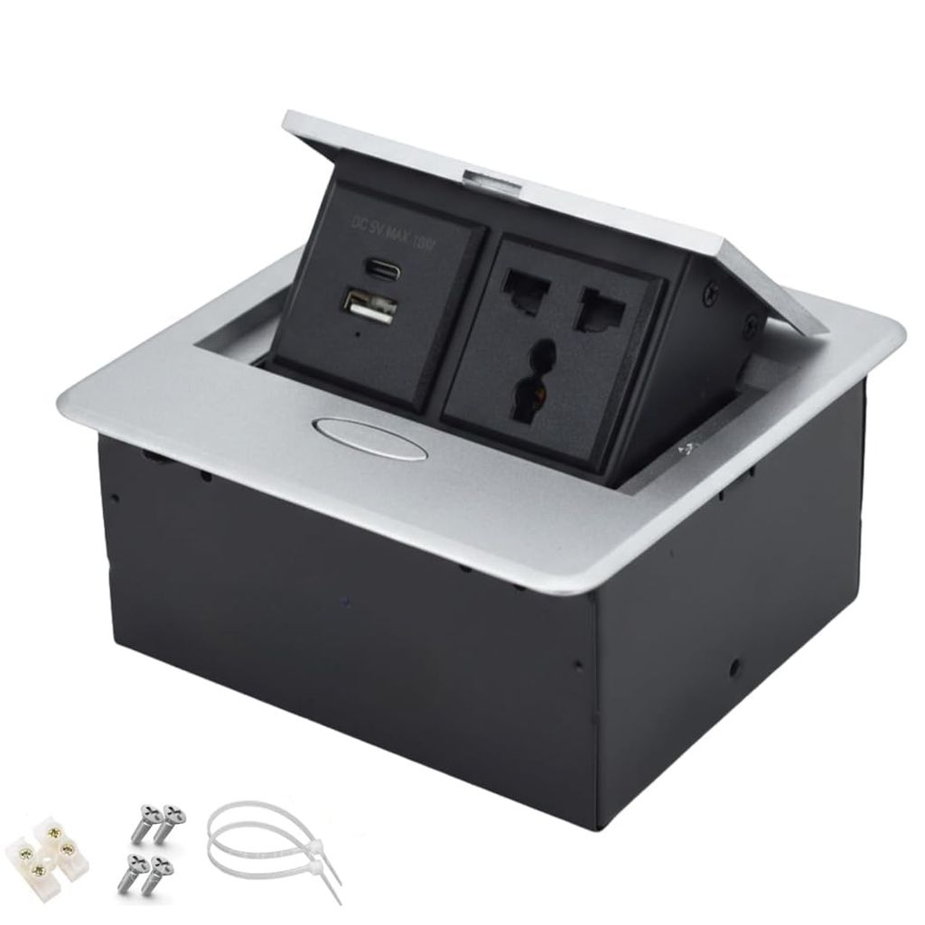 Metal Pop Up Desk Socket: 1 Outlet + USB-A + USB-C 15W Charger
