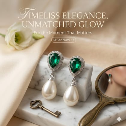 Elegantra Women's Green Crystal Teardrop Pearl Drop Earrings | Elegant CZ Stone Stud Earrings | Party Wear, Wedding & Daily Wear Fashion Jewelry