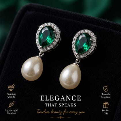 Elegantra Women's Green Crystal Teardrop Pearl Drop Earrings | Elegant CZ Stone Stud Earrings | Party Wear, Wedding & Daily Wear Fashion Jewelry