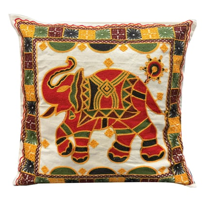 Handmade Cotton Cushion Cover with Elephant Embroidery