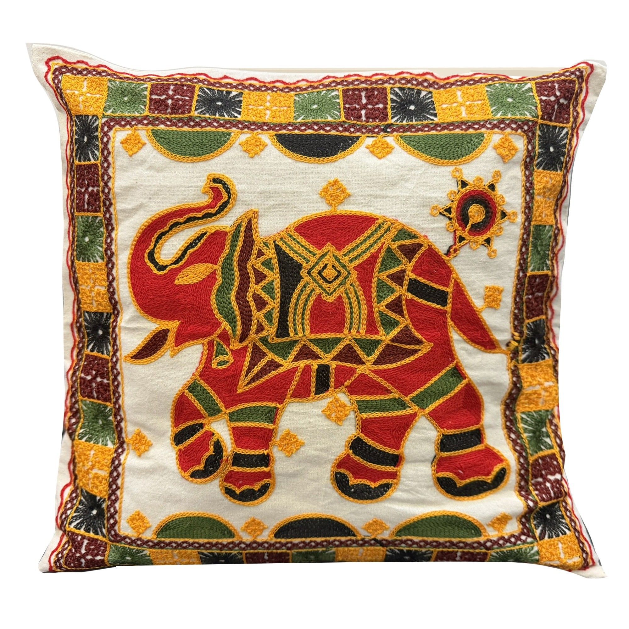 Handmade Cotton Cushion Cover with Elephant Embroidery