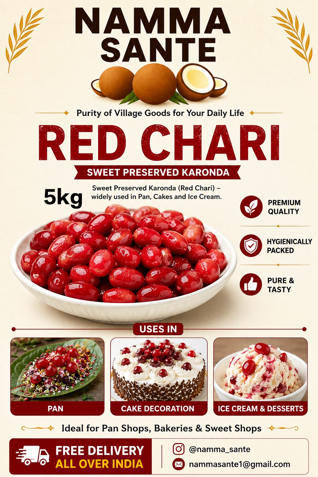 Red Chari, Preserved Karonda, Sweet Karonda, Cherry Chari, Candied Karonda 5kg