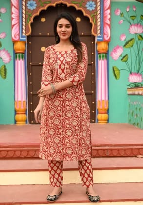 Red Cotton Premium And Elegant Kurti With Pant For Women