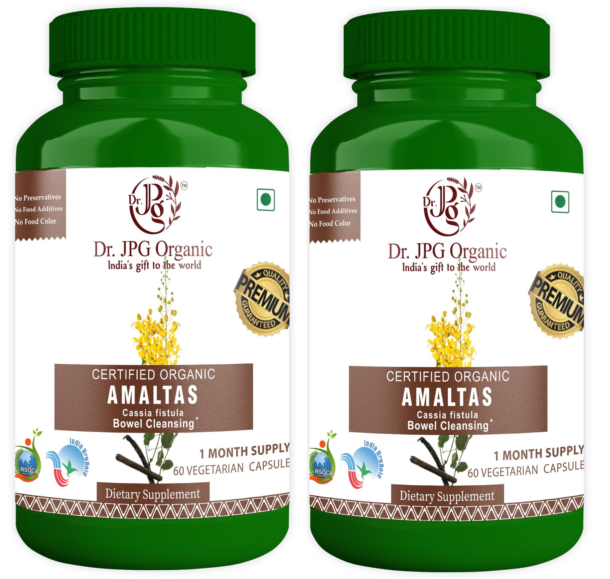Dr. JPG Organic herbals Amaltas Capsules 500mg, 60 Veg Capsules, Cassia Fistula, Herbal Supplement, India Organic Certified (Pack of 2)
