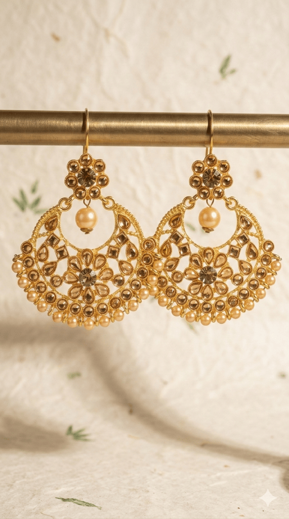 Traditional Gold-Plated Ethnic Chandbali Earrings with Champagne Stones and Pearl Drops for Women